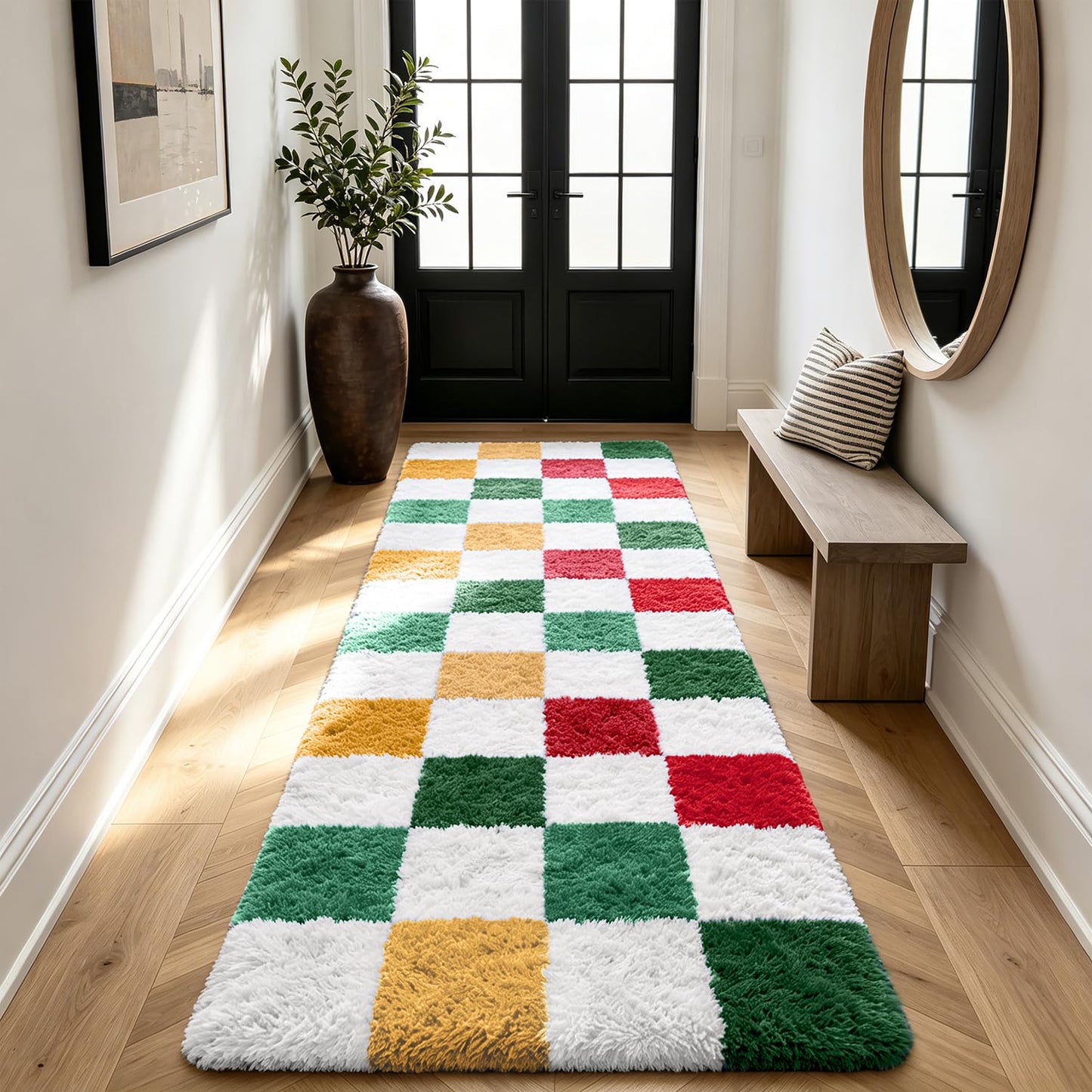 Shag Runner Rug for Bedroom Living Room 2x6 Upgrade Non-Slip Fluffy Soft Bedside Rugs,Checked Shaggy Carpet for Livingroom Dorm Home Decor Aesthetic