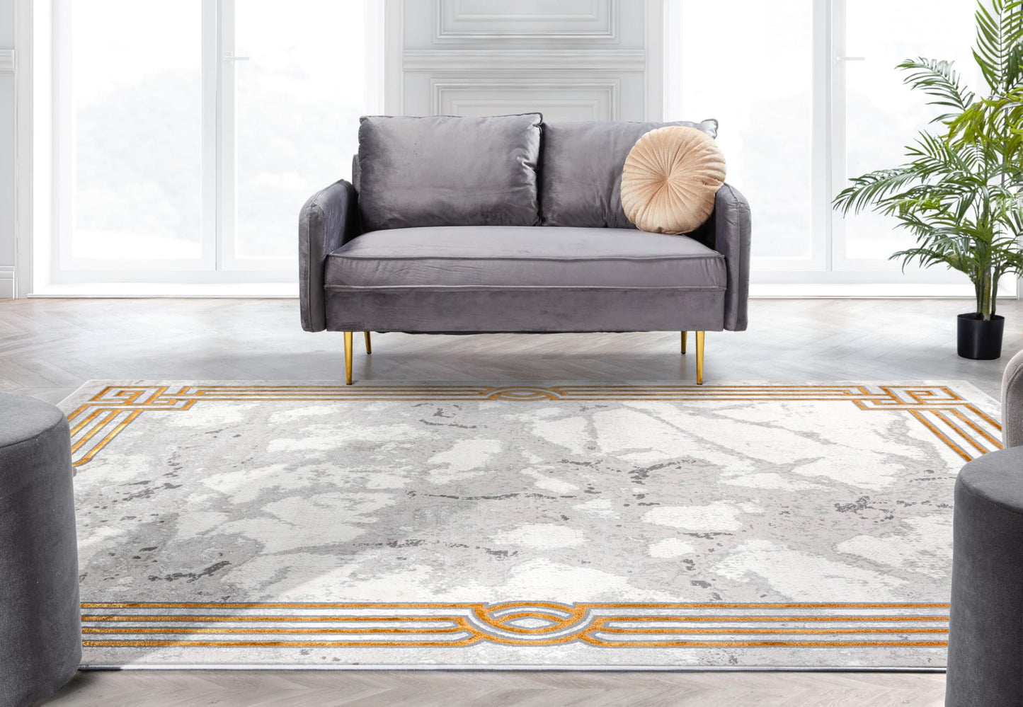 Well Woven Fairmont Collection Huntington Grey Gold & Ivory Marble Border Elegant & Soft 8x10 Area Rug Perfect for Bedroom & Living Room Durable Stain Resistant & Easy to Clean