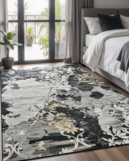 Washable Abstract Rug, 5x7 Black Floral Area Rugs with Non-Slip Rubber Backed for Bedroom, Low Pile Modern Throw Carpet Kitchen Living Room Decor