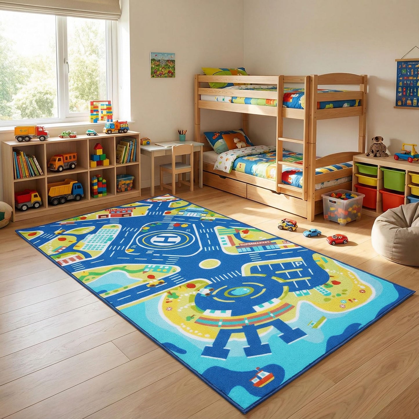 saihe Harbor Town City Road Play Rug for Kids: 27.5" x 51" Educational Blue Road Town Map Area Rug, Machine Washable Non-Slip TPR Backing | Interactive Play Mat for Playroom & Classroom