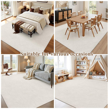Ileading Washable Area Rug for Living Room 8x10 ft, Beige Soft Fluffy Tropical Leaf Carpet with Non Slip Backing, Low Pile Rugs for Bedroom Dining Room Indoor Home Office