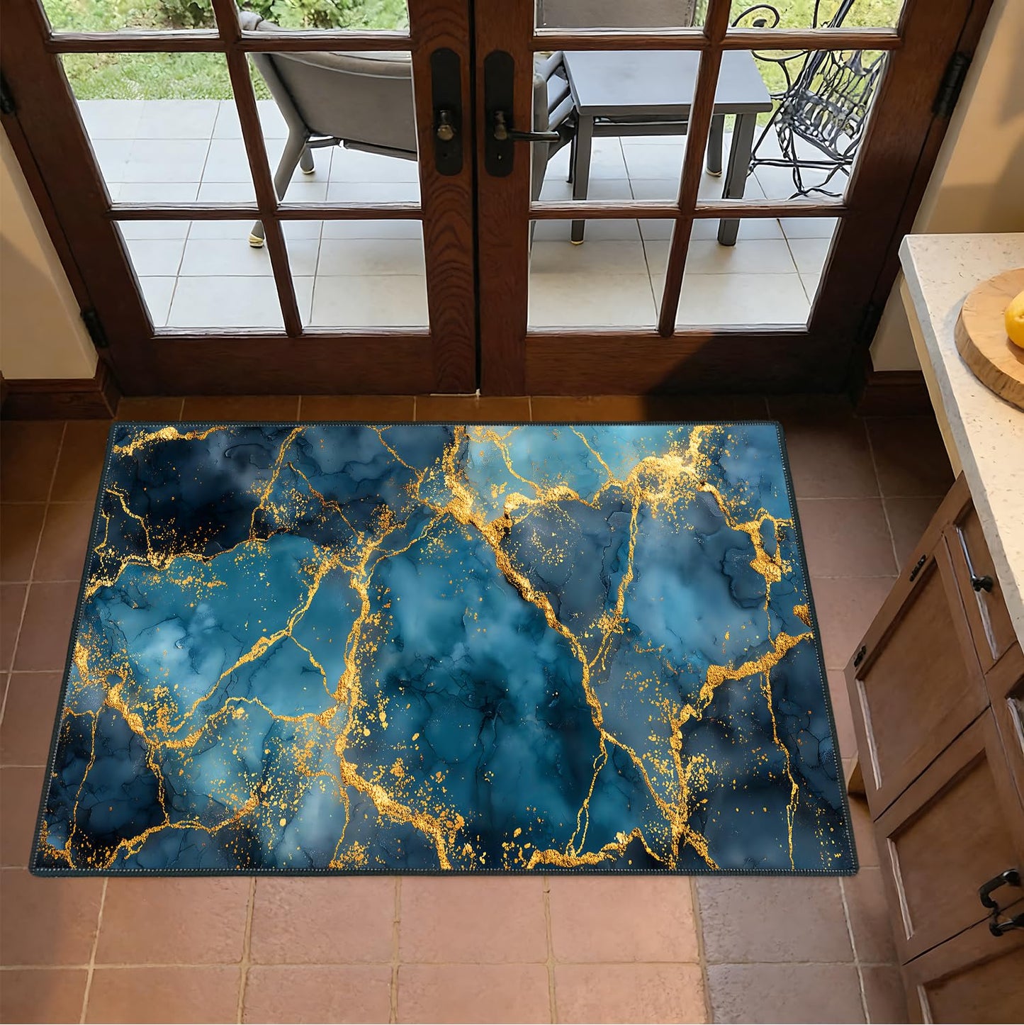 ANNA QUEEN 2x3FT Blue Gold Marble Area Rug, Indoor Door Mat Entry Rug, Luxury Abstract Washable Non Slip Rug for Front Door Foyer Hallway Kitchen Apartment