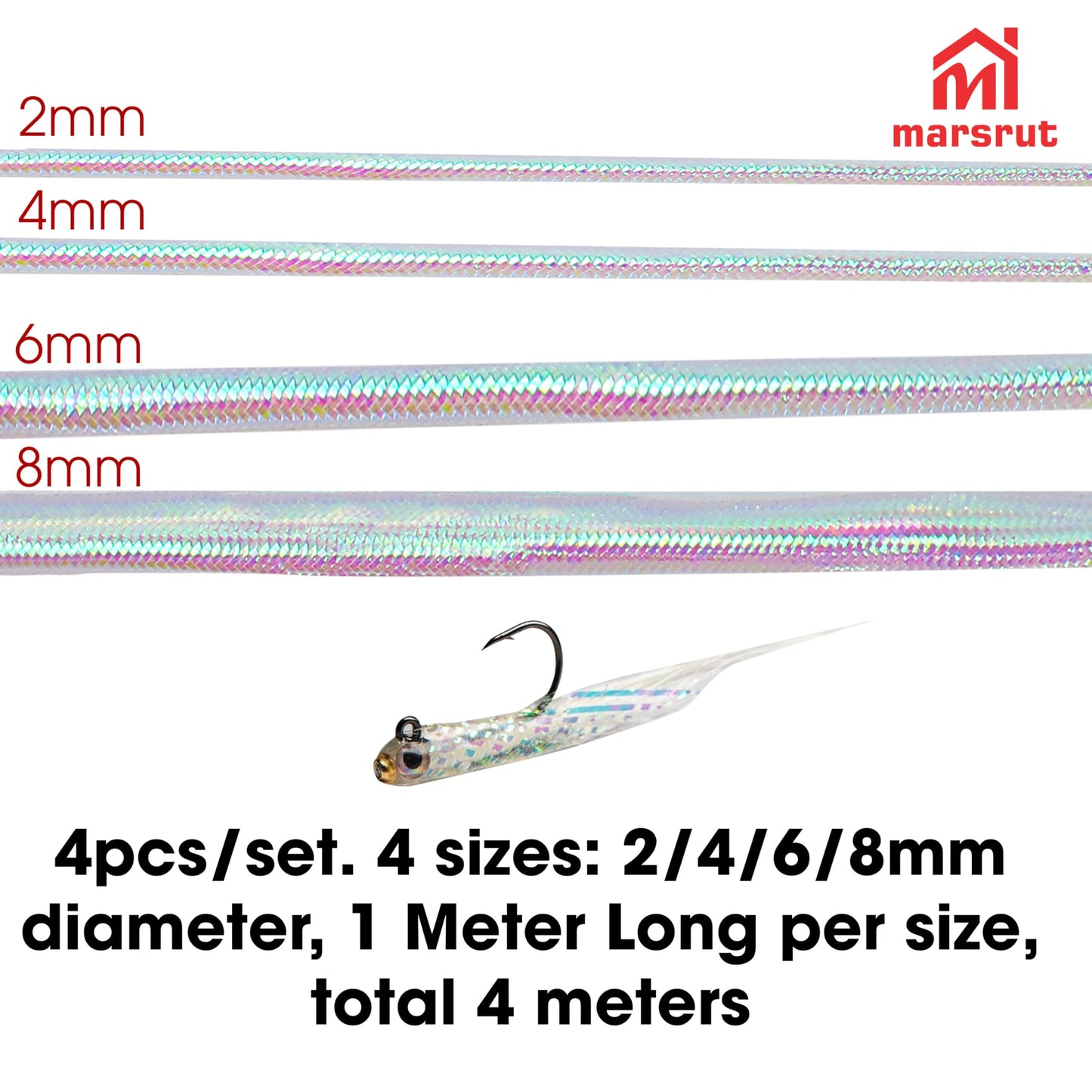 4pcs Mylar Tubing Fly Tying, 2/4/6/8mm Pearlescent Braid Tube Set for Fishing, Holographic Hollow Round Cord, Fish Pattern, Polyester Materials, 1 Meter Long Per Size