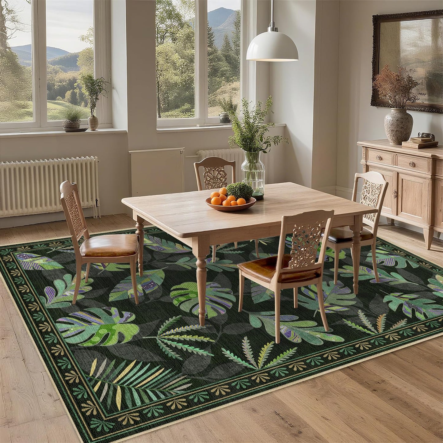 Large Area Rug 5x7 Monstera Rug Living Room Sage Green Leaf Rugs Machine Washable Tropical Botanical Rug Non Slip Printed Low Pile Indoor Floor Carpet for Dining Room Bedroom Office,Green