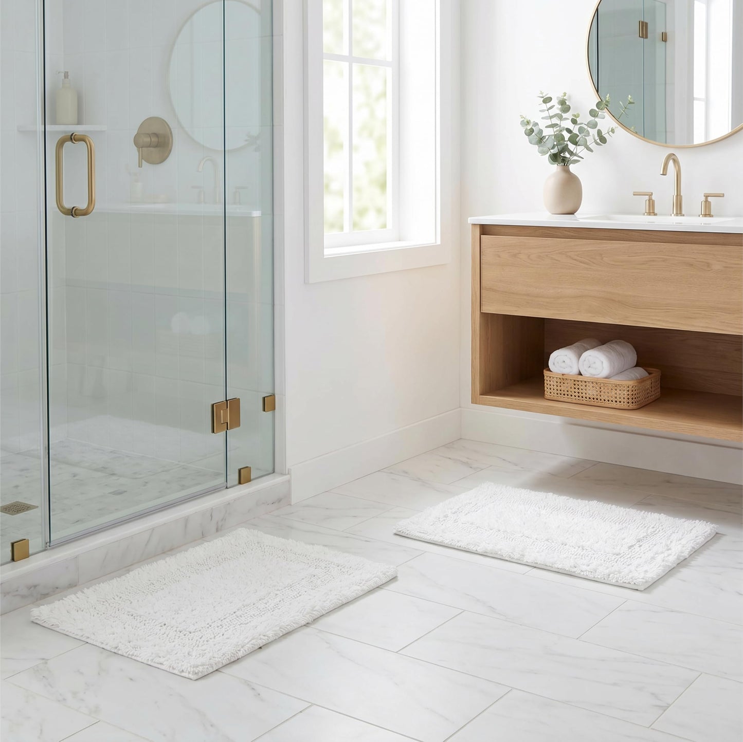 Cotton Reversible Bathmat Set of 2, 17x24 Inches - White, Super Soft Quick Dry Washable Bath Rugs Ideal for Bathroom, Kitchen, Vanity, Shower Area | Plush Soft Spa Style Hotel Quality Floor Mat