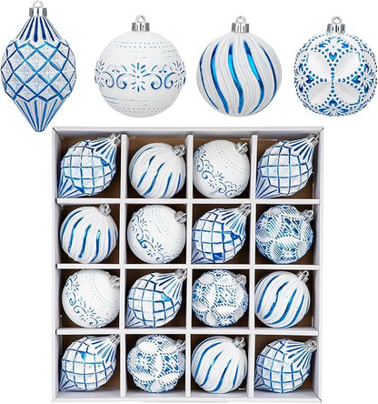 16PCS Shatterproof Christmas Ball Ornaments Set, Hand-Painted Holiday Decor with Assorted Sizes & Designs for Christmas Tree Thanksgiving Party Decoration, Blue-White
