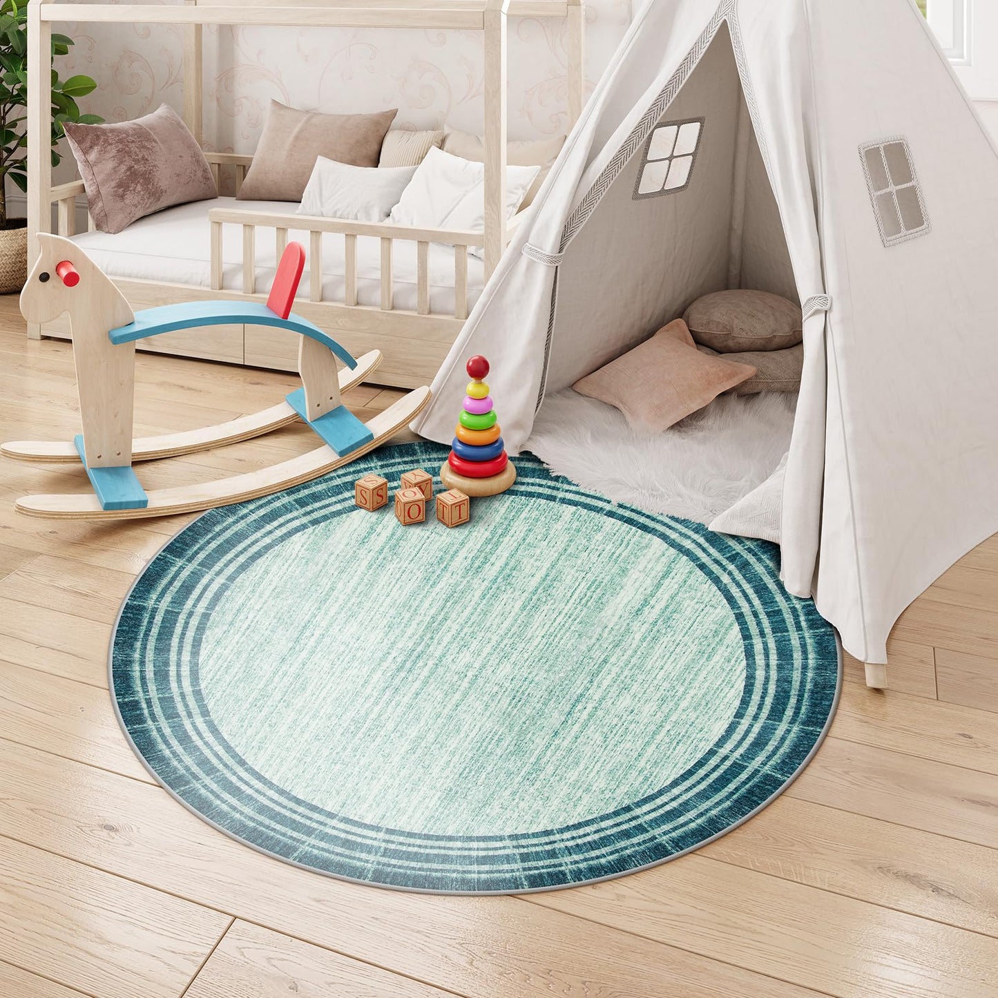 Lahome Amabel Abstract Round 4ft Entryway Rug, Washable Teal Entry Rugs Non Slip Circle Kitchen Carpet, Minimalist Border Dining Room Rug Indoor Room Carpet for Under Chair Coffee Table Entrance Mats