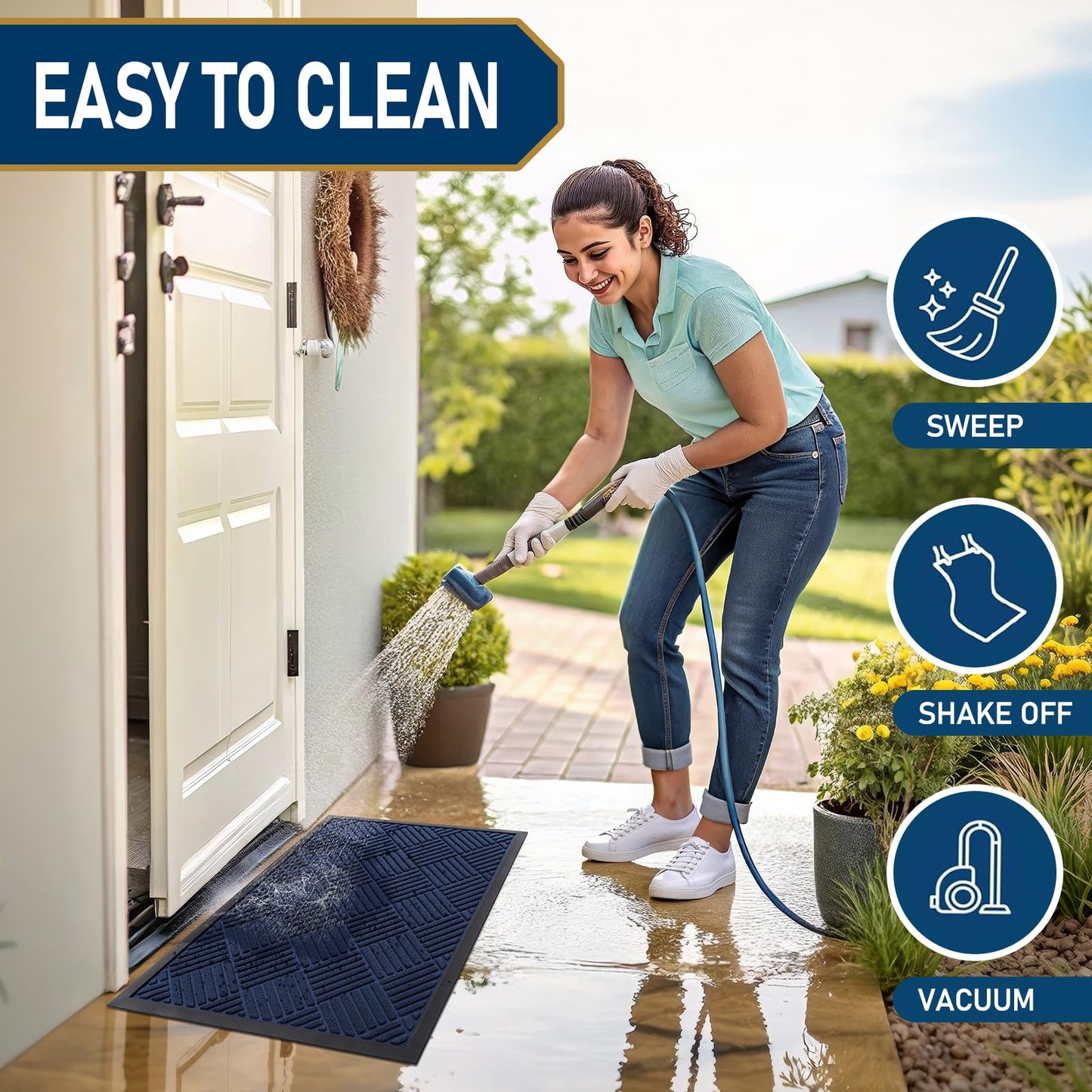 Smiry Front Door Mat Outside Entrance, Heavy Duty Outdoor Indoor Natural Rubber Doormat, Non Slip, Trap Dirt and Moisture, Easy Clean, Low Profile Patio Porch Entryway Mat, 29.5x17, Navy Blue