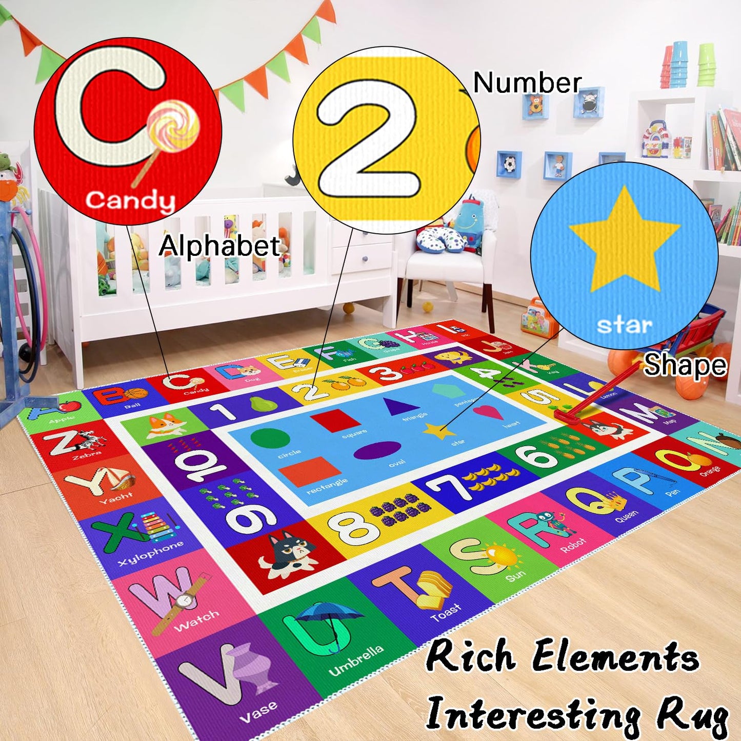 Sejiarep ABC Kids Play Rug - Number Alphabet Shape Fruit Learning Educational Area Rug - Large Non-Slip Kids Room Play Mat (Alphabet, 4' x 2'7" (Rectangular))