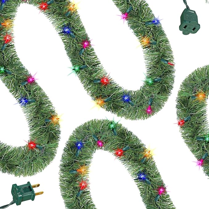 WATERGLIDE Lighted Christmas Green Garland 15FT, with Multicolor String Lights, Pre-lit Artificial Greenery Garlands, Plug in & Connectable Xmas Lights for Indoor Outdoor Holiday Party Decor