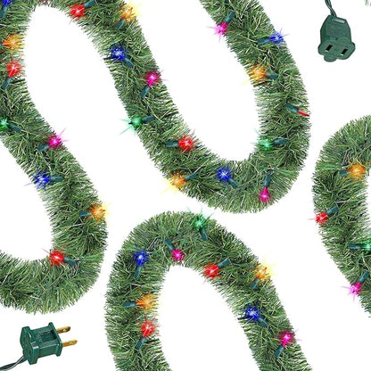 WATERGLIDE Lighted Christmas Green Garland 15FT, with Multicolor String Lights, Pre-lit Artificial Greenery Garlands, Plug in & Connectable Xmas Lights for Indoor Outdoor Holiday Party Decor