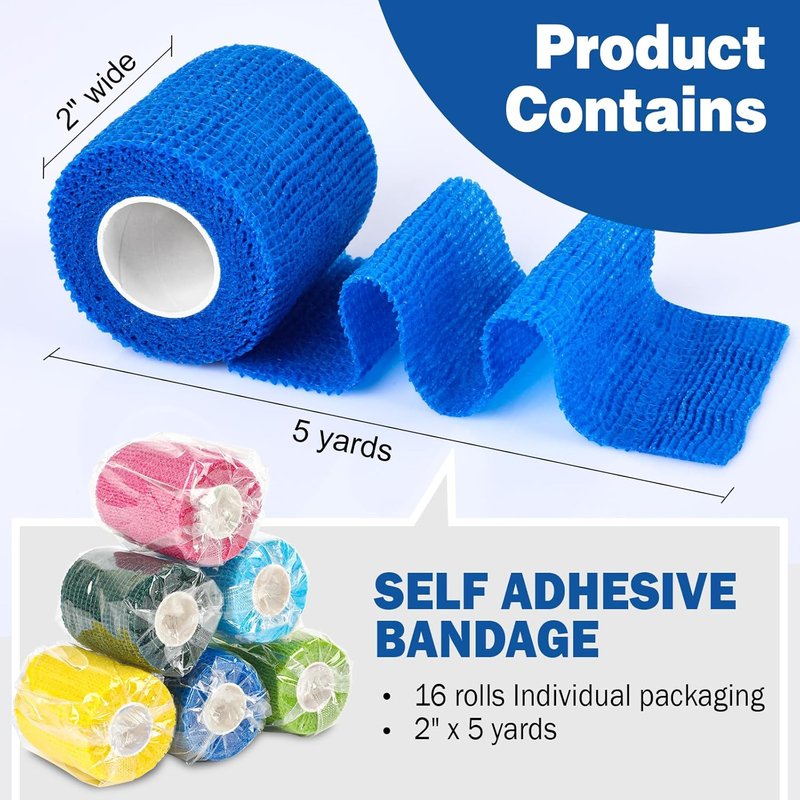 Self Adhesive Bandage Wrap - 16 Pack Elastic Cohesive Tape | 2" X 5 Yards, Colorful Athletic & Vet Wrap