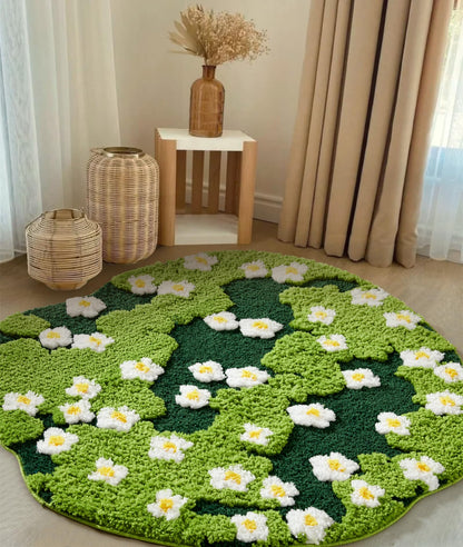 Ouyattle Cute Green Floral Large Bathroom Rugs Bath Mat 3ft Non Slip Washable, Modern Chic Boho Aesthetic Trendy Funky Microfiber Shaggy Tufted Grass Rugs for Bedroom Dorm Nursery Bathroom Kitchen