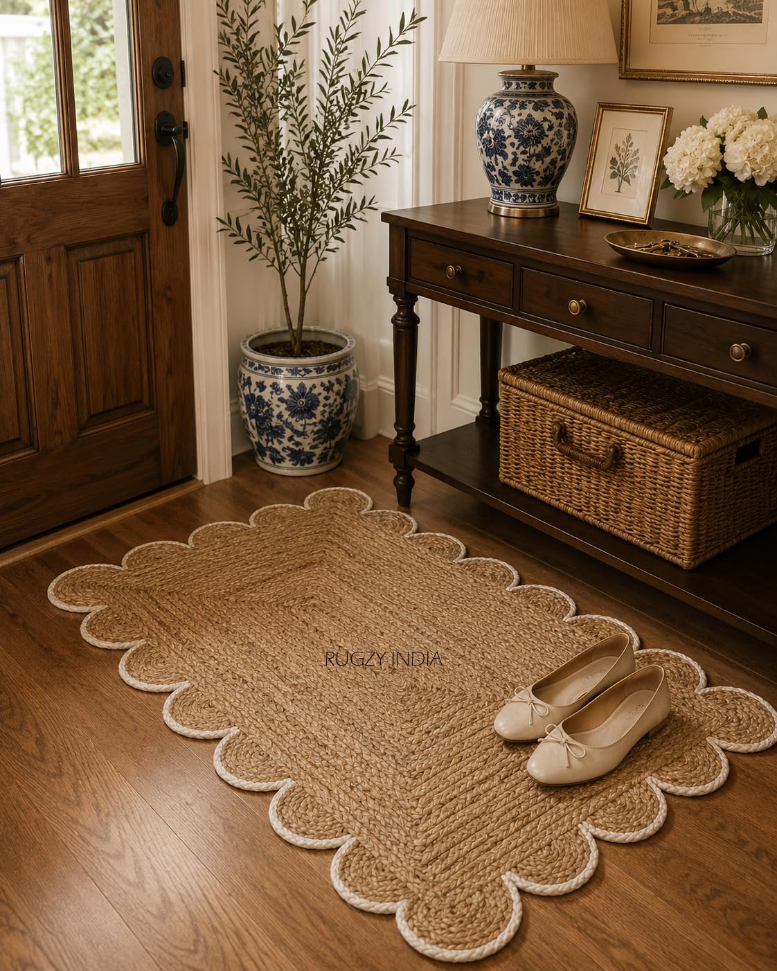 Scalloped Natural Jute Area Rug Natural Base Off White Trim (Off-White, 2'x3')