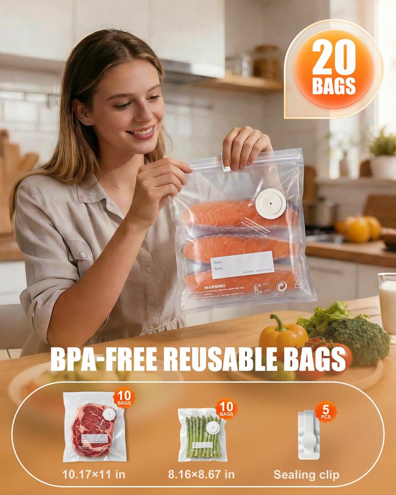 RIWUSI Portable Vacuum Sealer for Food with Visible Water Tank, 60kPa Powerful Handheld Vacuum Sealer Machine, One-Touch Auto Seal & Pulse Mode for Delicate Foods, Includes 20 Reusable Bags