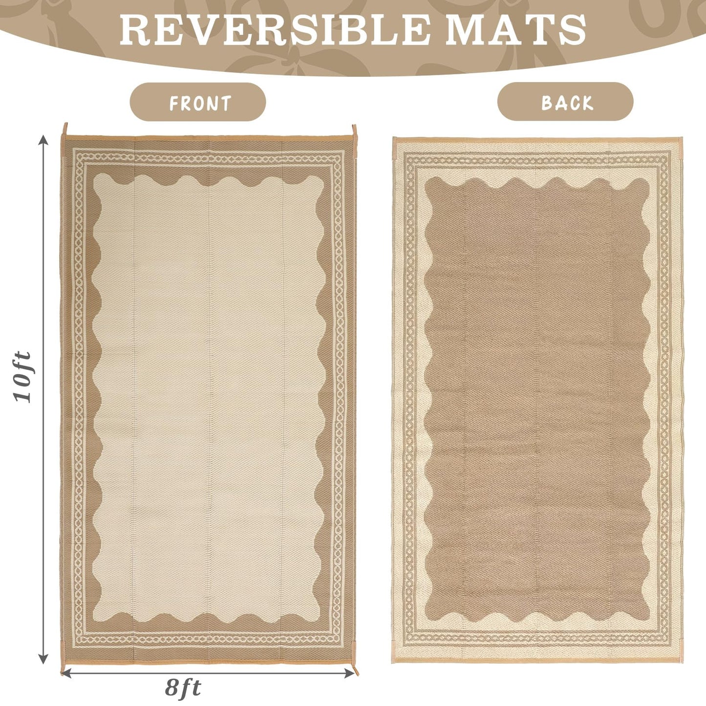Dunzy Scalloped Outdoor Patio Rug, 5 x 8 ft Non-Slip Plastic Straw Carpet Indoor Outdoor Area Mat for Outside Rv Camping Deck Pool Beach Porch Backyard (Light Brown)