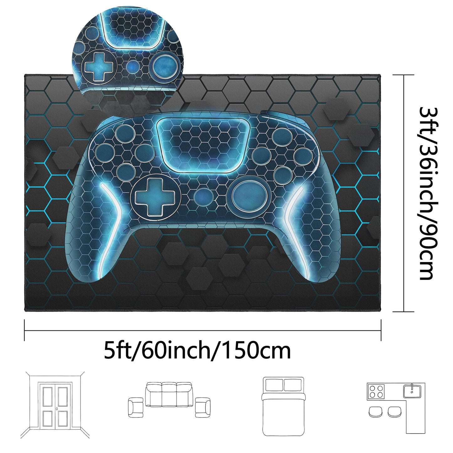 Vesocro Gamer Rug for Room,3x5 ft Non-Slip Blue Gaming Rugs for Bedroom Living Room and Game Space Decor