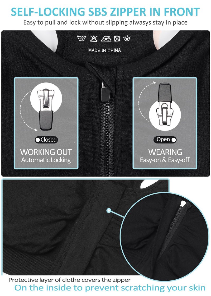 Women's Zip Front Sports Bra Wireless Post-Surgery Bra Zipped Yoga Racerback Sports Bras Plus Size Sports Bra Pack Mastectomy Bras for Women Front Closure Bra (Medium, 3 Pack(Black+White+Grey))