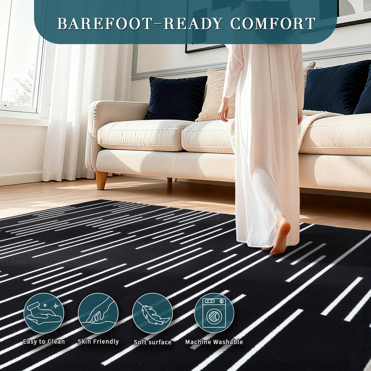 YIHOUSE Abstract Washable Rug 5x7,Ultra Thin Non Slip Black Rugs for Living Room,Modern Minimalist White Stripe Rugs for Bedroom,Dining Room Office Playroom (5'x7',Black-3)