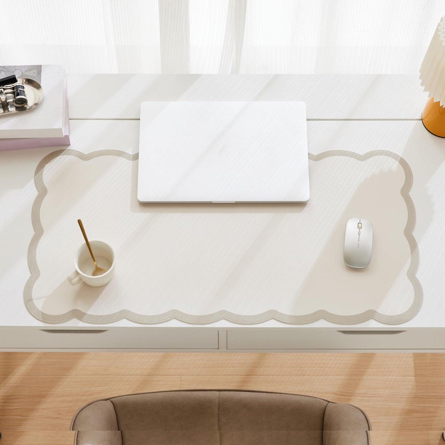 Ohocut Scalloped Desk Mat, 31.5" x 15.7" Large Cute Beige Khaki Aesthetic Desk Accessories, PU Leather Computer Laptop Desk Mat Mouse Keyboard Pad, Desk Writing Makeup Mat for Vanity/Work/Home Decor