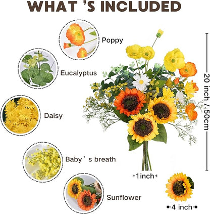 Fall Artificial Sunflowers Bouquet 20" Fake Flower for Thanksgiving with Faux Silk Sunflower for Wedding Centerpieces Home Decor Party Table Floral Arrangements Indoor Outdoor Autumn Decorations