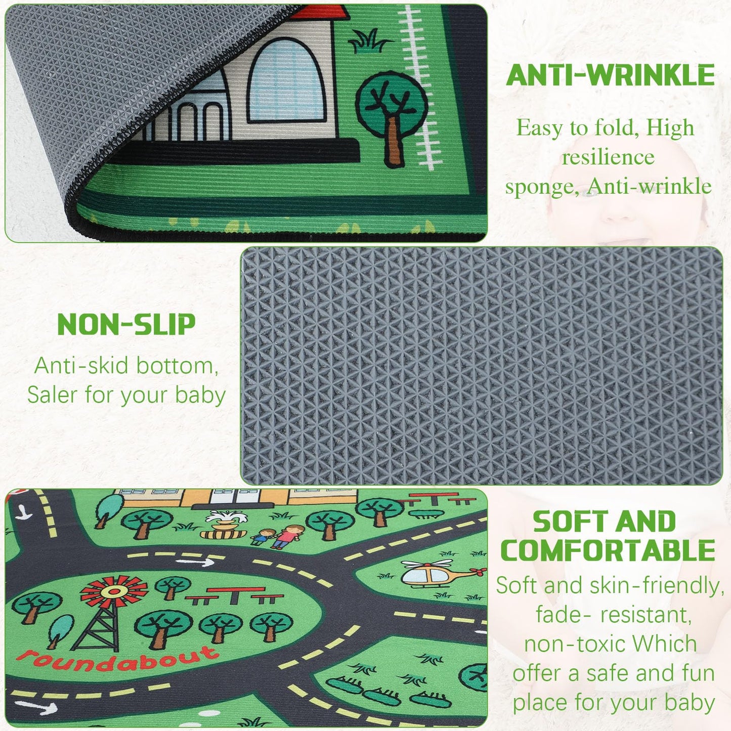 Tinideya Kids Playmat Rug 4x6 ft, Non-Slip Rubber Backing Traffic Road Playmat, Cars Play Mat for Toddler Children Playroom Classroom Bedroom(Green, Traffic Road)