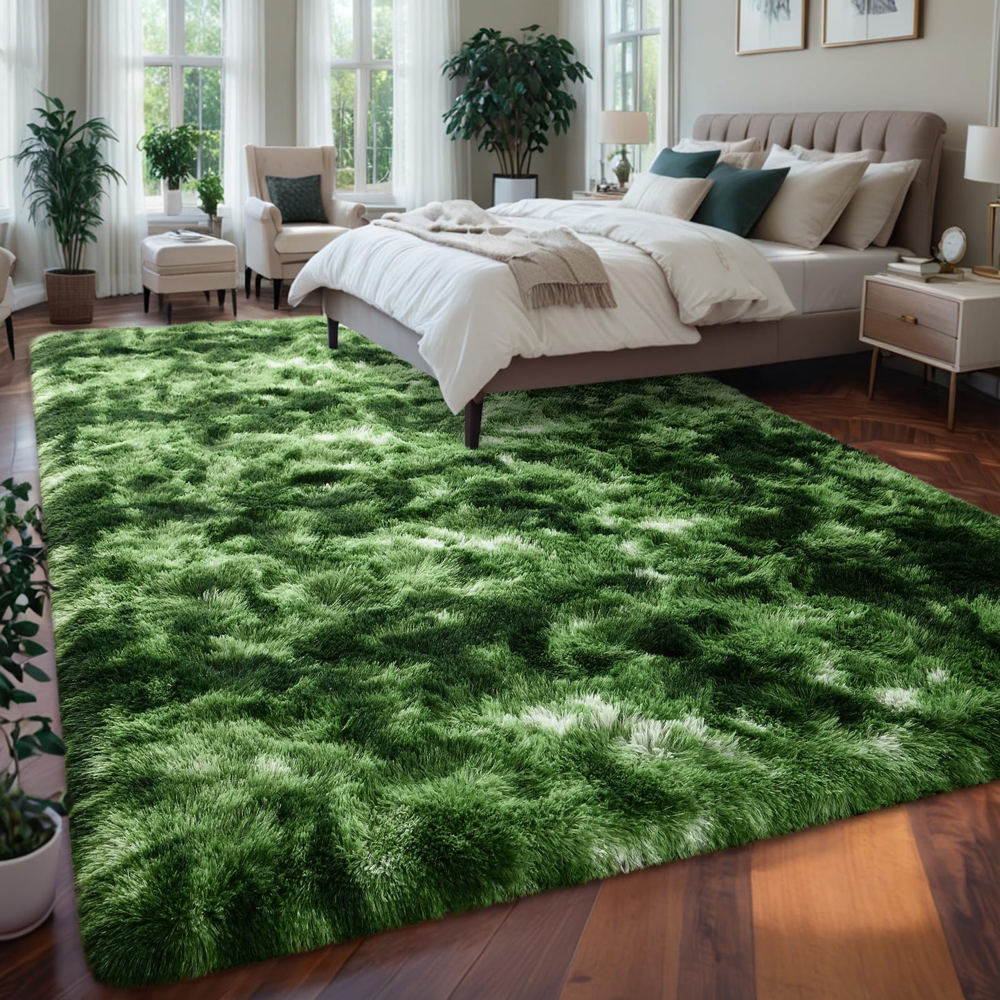 Larhom Nuttumico Fluffy Modern Area Rugs for Living Room Bedroom, 4x6 Feet Plush High Pile Dark Green Rug for Kids Girls Room Nursery Home Decor, Upgrade Non-Slip Girls Bedroom Soft Indoor Rug