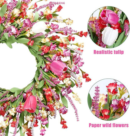 Sggvecsy Spring Summer Wreath for Front Door 22 Inch Artificial Colorful Flower Wreath with Colorful Tulips Greenery Leaves Lavender for All Seasons Home Farmhouse Indoor Outdoor Wall Decor (Mixed)