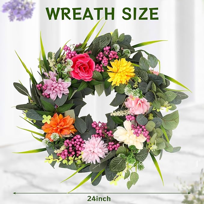 Wreaths for Front Door, 24 Inch Spring Fall Wreath with Vibrant Flowers and Greenery, Artificial Autumn Wreath for All Seasons Farmhouse Outdoor Indoors Holiday