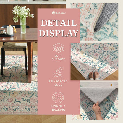 Lahome Sylvie Pink Bedroom Rug for Girls Room Decor, 5x7 Washable Cute Playroom Nursery Rug, Soft Floral Low Pile Carpet for Kids Living Dining Room Indoor, Pink/Multi
