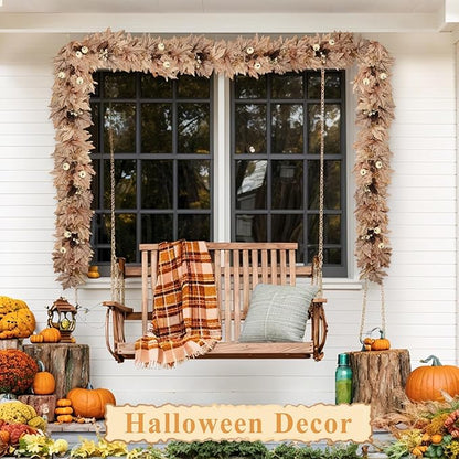 9 FT Fall Garland with Lights Timer Function Autumn Fall Leaves Garland with Berries Pine Cones Pumpkins Realistic Automatic ON/Off Timer Fall Decorations for Home Mantle Fireplace Porch Table