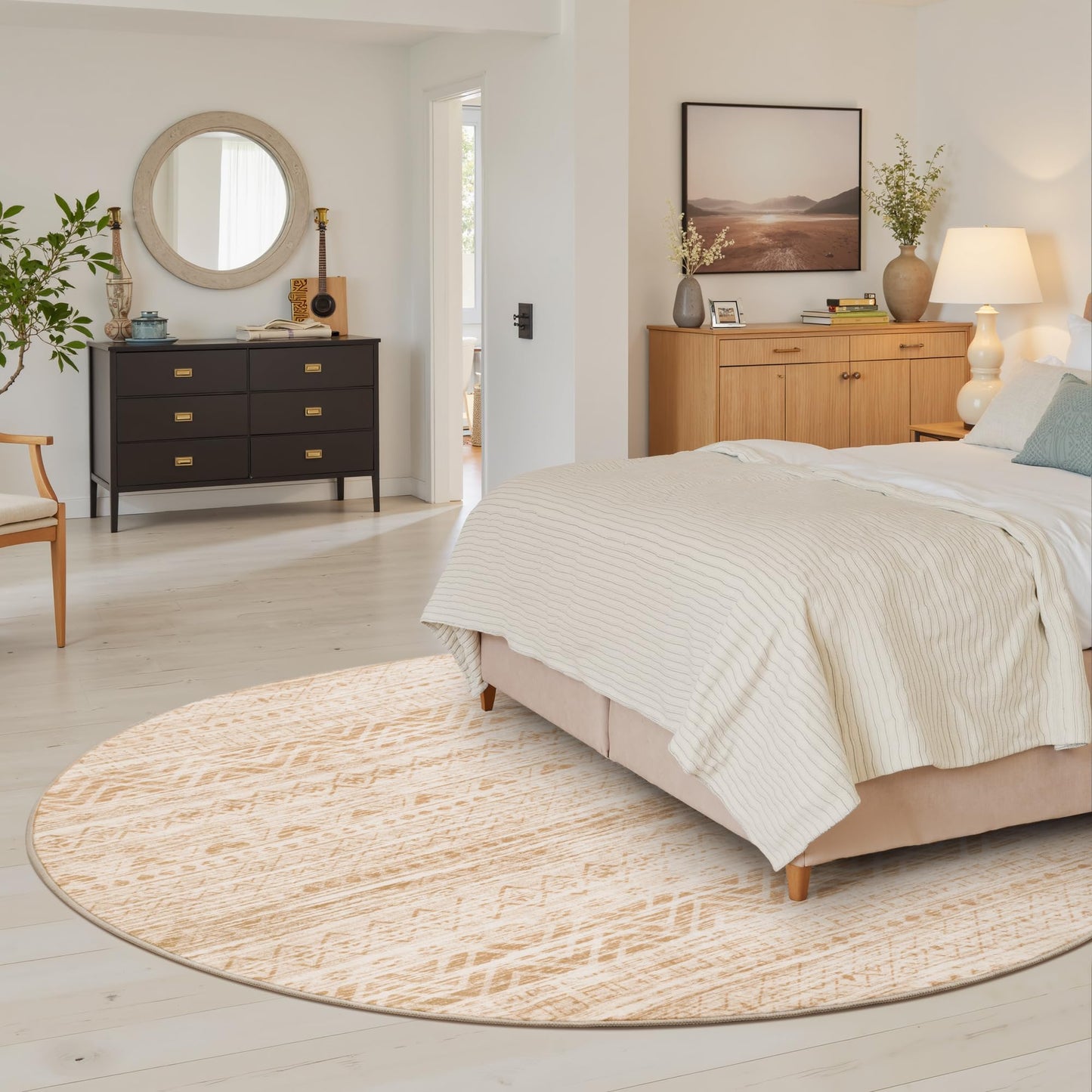Miukiki Round Rugs 6ft for Living Room Moroccan Washable Circle Rug Non Slip Indoor Floor Carpet Foldable Area Rug for Dining Room with Low Pile(Beige,6'x6')