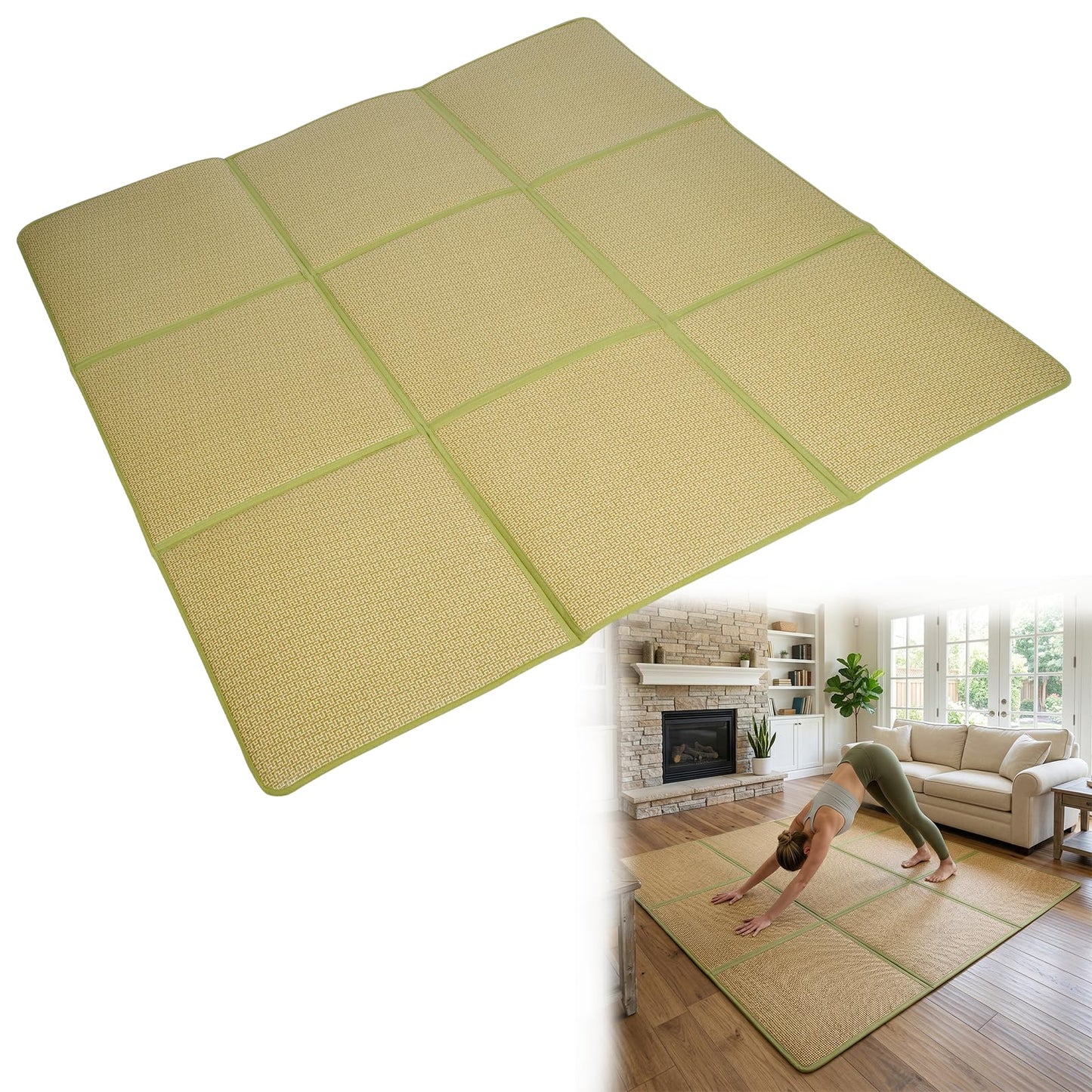 71'' x 71'' Large Japanese Tatami Mat, 0.47'' Thickness Foldable Thickness Rattan Japanese Floor Mats with Storage Bag, Non-Slip Breathable Memory Foam Area Rug Living Room Bedroom Yoga (Green)