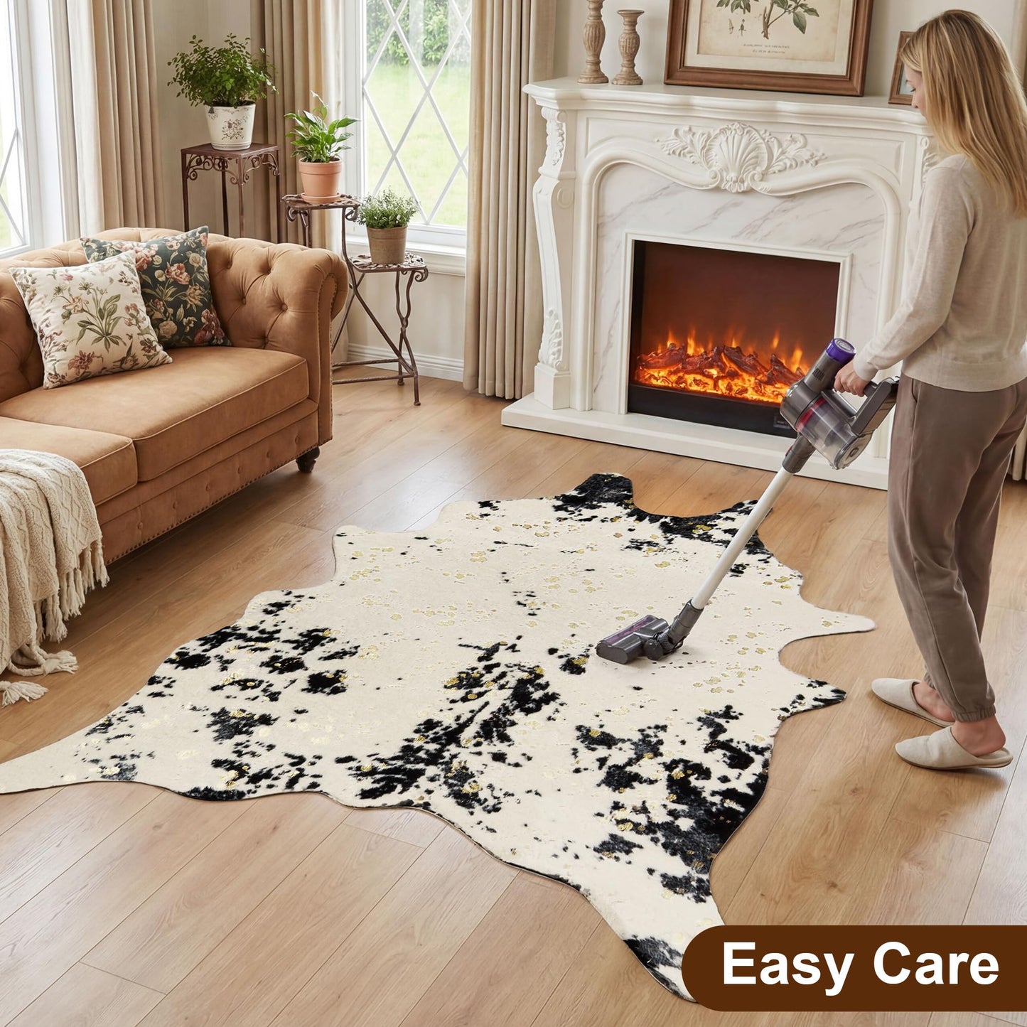 JONIYEAR Large Durable Faux Cowhide Area Rug 4.9 x 6.56 Feet, Premium Cow Print Rug for Living Room Bedroom, Durable Faux Fur Animal Cow Hide Carpet for Western Farmhouse Decor, Black and Gold Spot