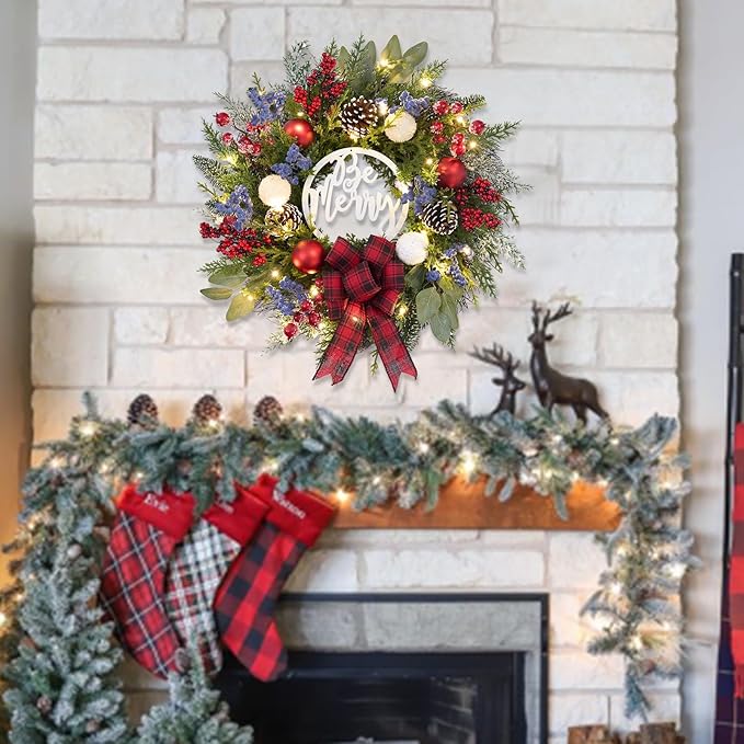 Prelit Christmas Wreath for Front Door Outside,22 inch Be Merry Wreath with red Black tarten Plaid Bow,Lighted Farmhouse Christmas decoration-30 LED Light/Timer,Winter Door Wreath, Porch Decor
