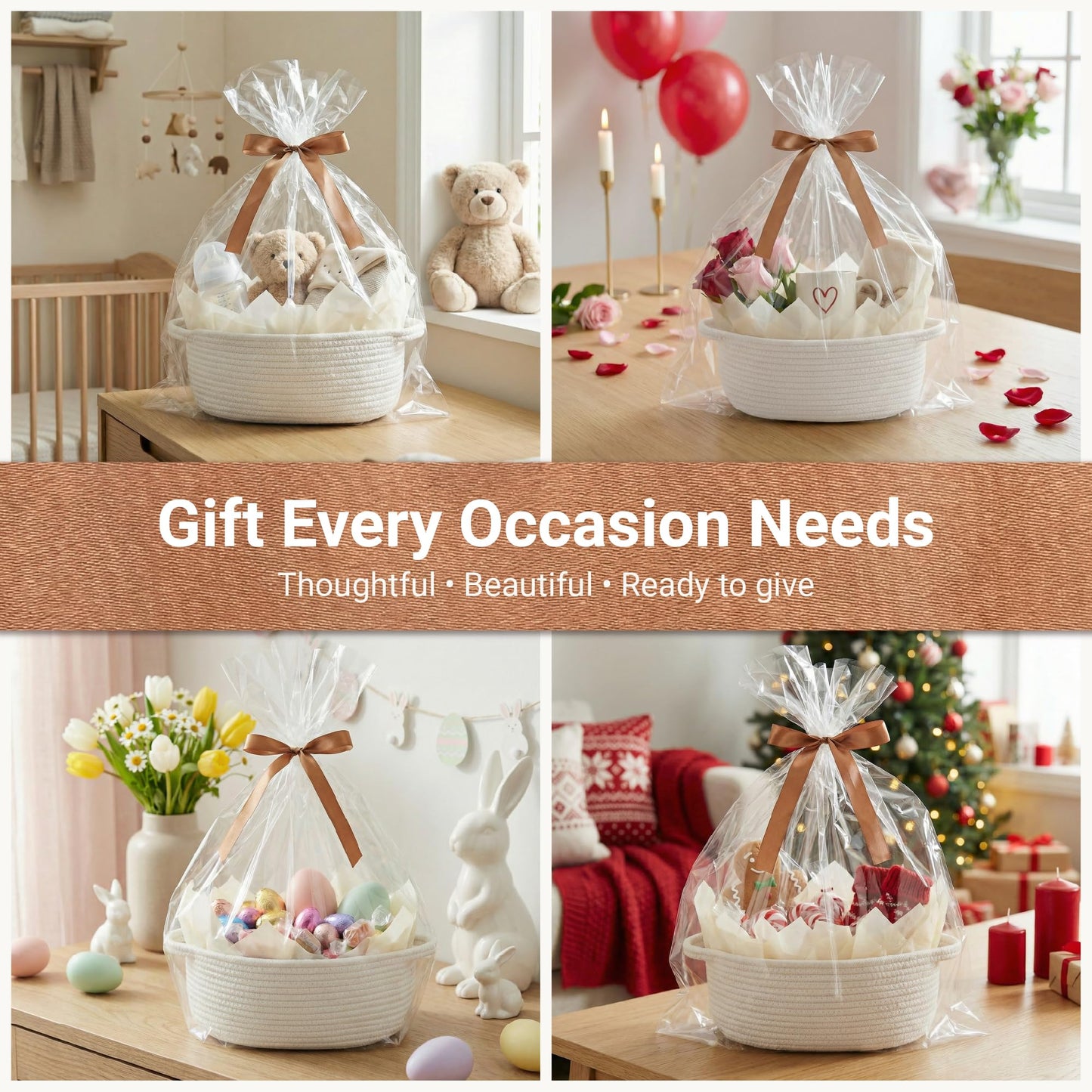 VIRETH HAUS 4 Pack Small Woven Baskets with Gift Bags, Ribbons, Wrap Tissue Papers – Gift Baskets Empty to Fill for Valentines, Baby Shower, Easter, Christmas Day, Decorative Storage Bins for Toys
