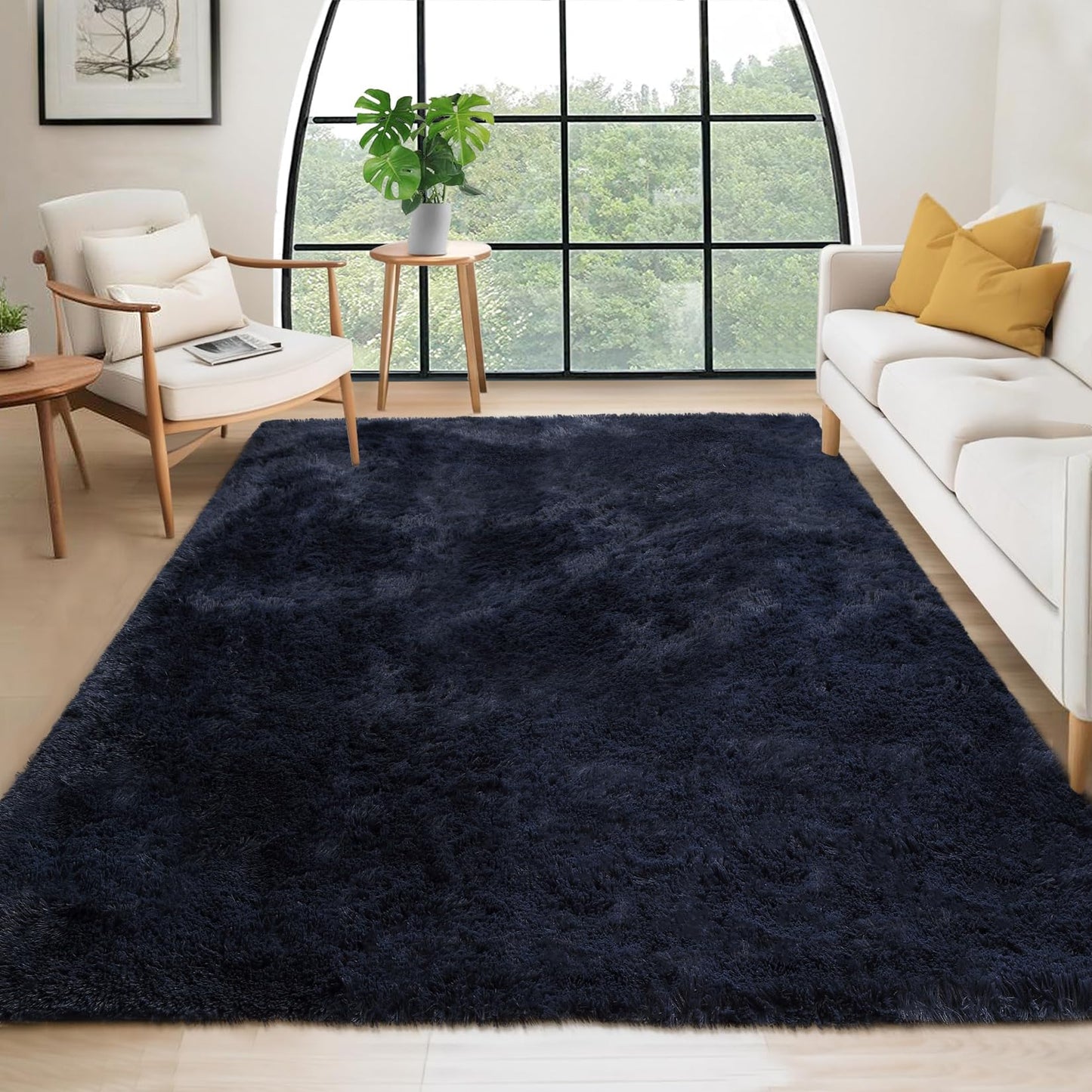 Garvee 8'x10' Oversized Fluffy Area Rug, Tie-Dye Luxury Shag Carpet for Living Room, Large Fuzzy Plush Rug for Basement & Family Room, Non-Slip, Bedroom Decor, Dark Navy
