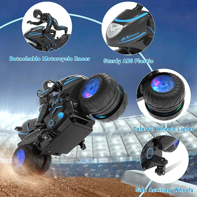 RC Motorcycle Remote Control Motorcycle with RGB Wheels Lights - 360-degree Rotations Drifts High-Speed RC Car Dirt Bike Toy for Boys 4-7 8-12 Years Kids