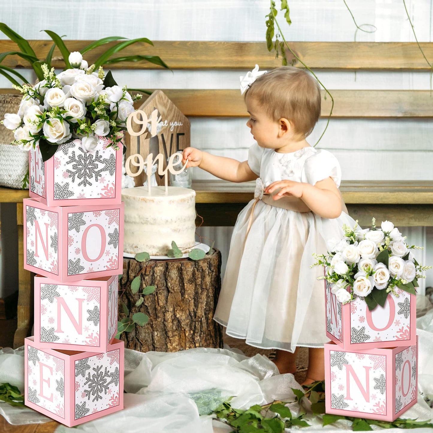 6 Pcs Winter Onederland Snowflake 1st Birthday Decorations Girl Boy Baby Shower Centerpiece One Flower Boxes for 1st First Birthday Decorations Baby Block Centerpieces for Tables