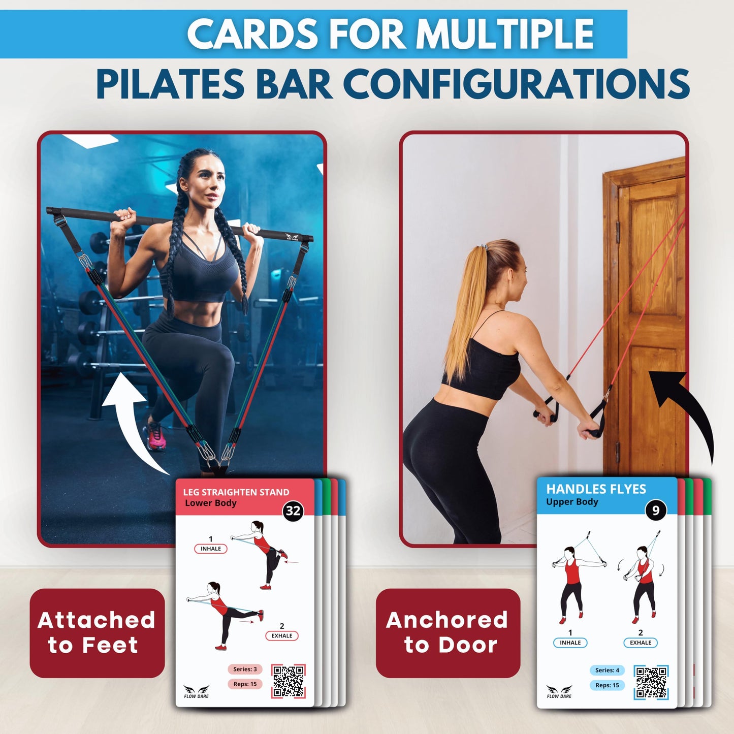 Pilates Bar Kit Workout Cards – 62 Exercise Cards Deck with Videos & Workout Plan - Includes 8-Week Challenge, Chart & 2 Rings for Easy Organization - Home Exercise Bar Guide for Women & Men