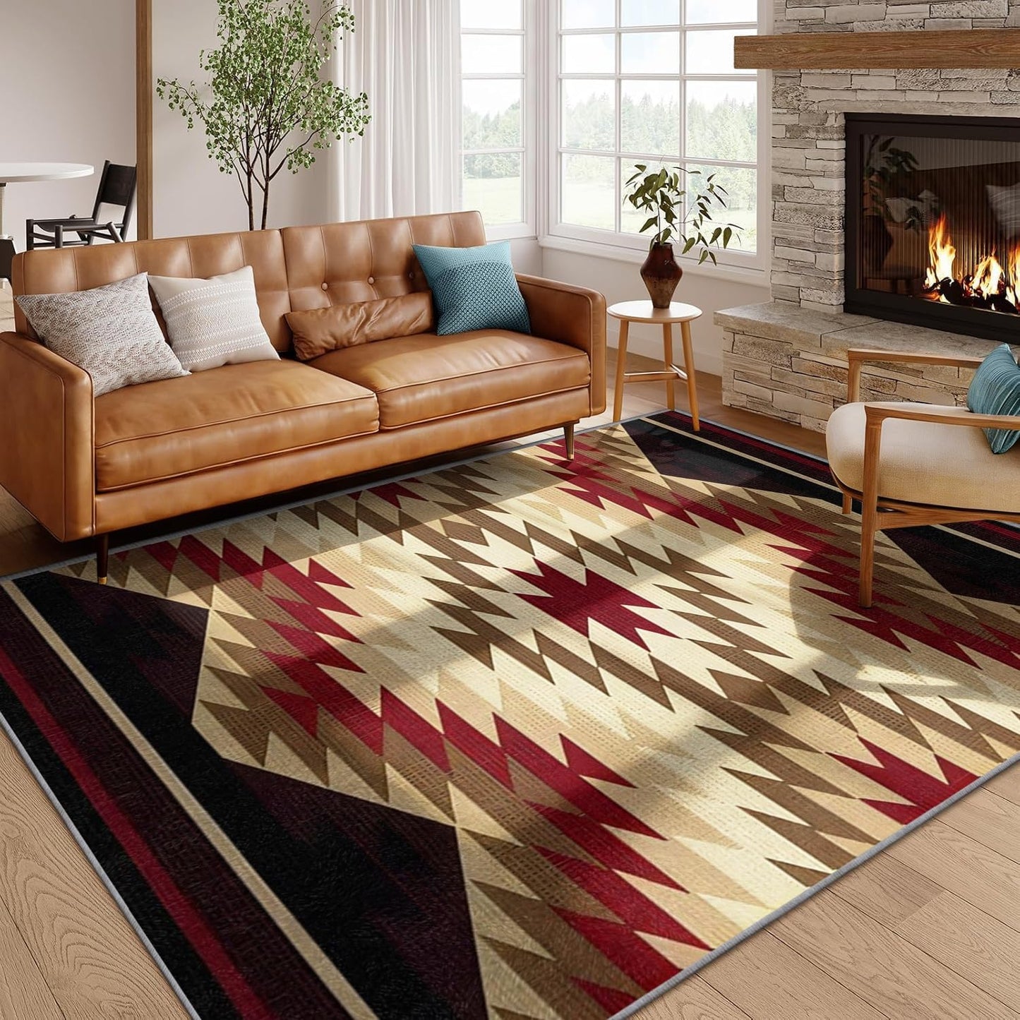 Boho Style Western Rug, 3x5ft,Country Farmhouse Retro Cabin Area Rugs, Non-Slip, Soft and Washable Southwestern Aztec Native Geometric Carpet, for Bedroom, Living Room Beige, Green, Red