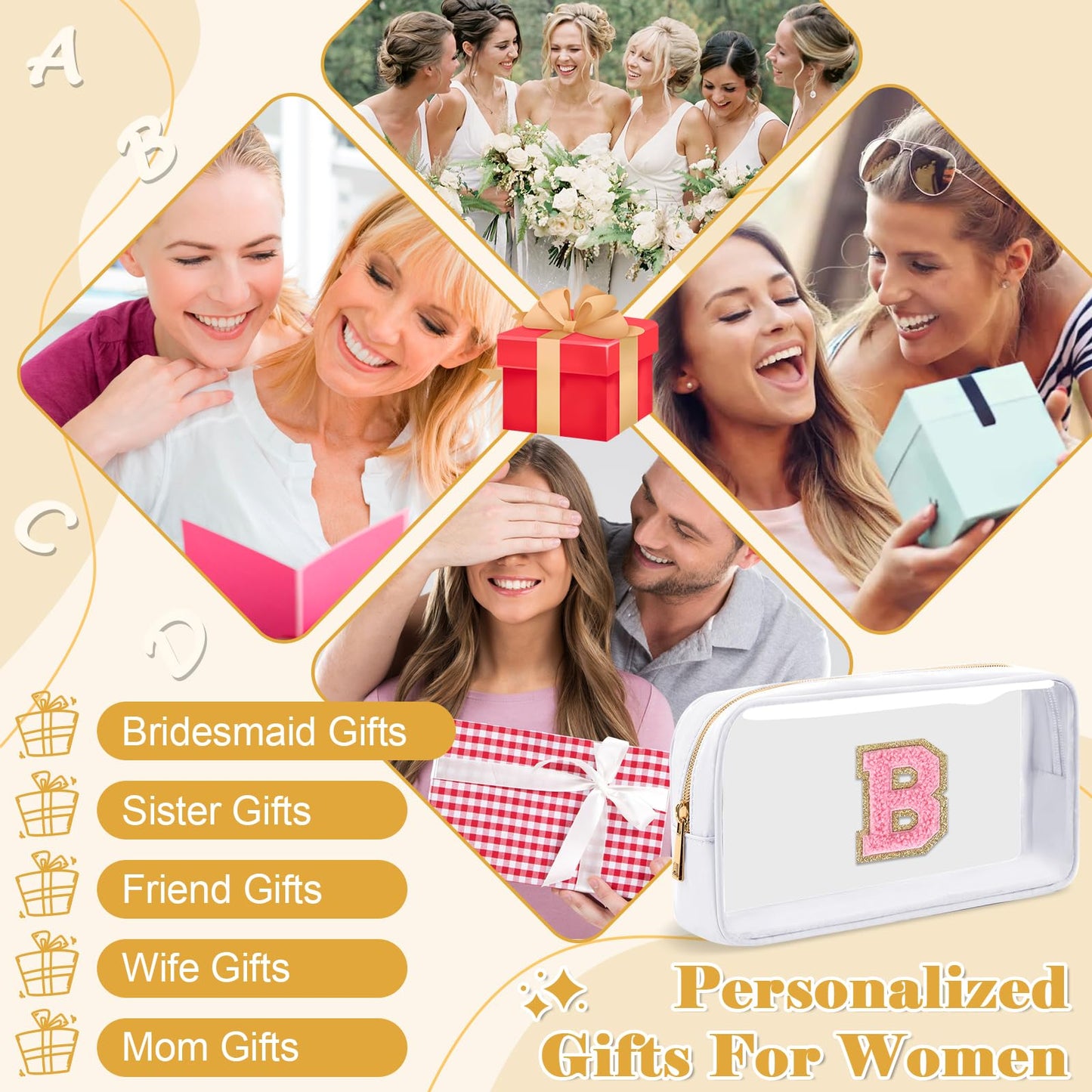 UIXIZQ Personalized Initial Letter Clear Makeup Bag,Preppy Small Nylon&PVC Cosmetic Zipper Bag with Chenille Letter,Travel Skincare Toiletry Bag,Monogram Christmas Gift for Teen Girls Women,B
