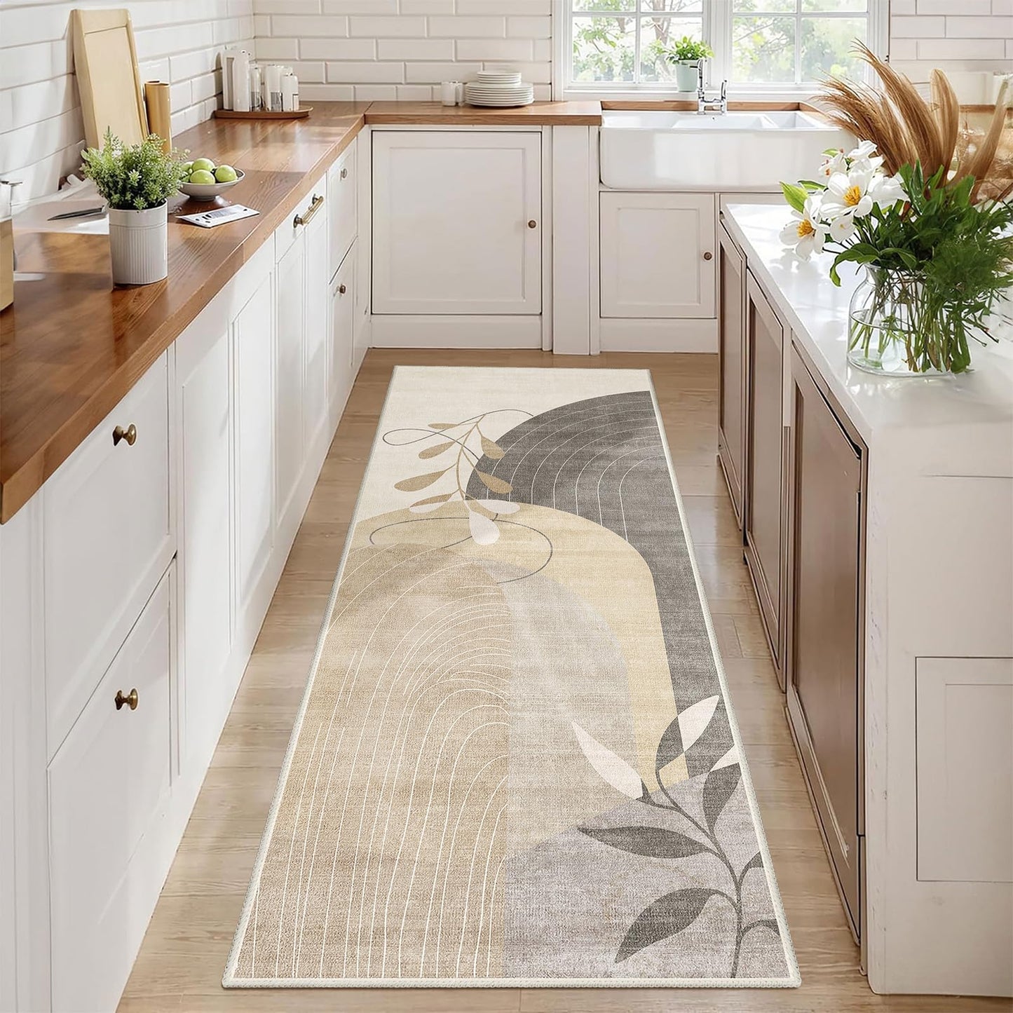 MUJOO Washable 2x6 Runner Rugs for Kitchen Hallway Bedside Bathroom Laundry Room Bedroom,Boho Long Area Rug Non Slip Carpet Throw Rug Mid Century Modern Abstract Botanical Geometric Neutral Beige
