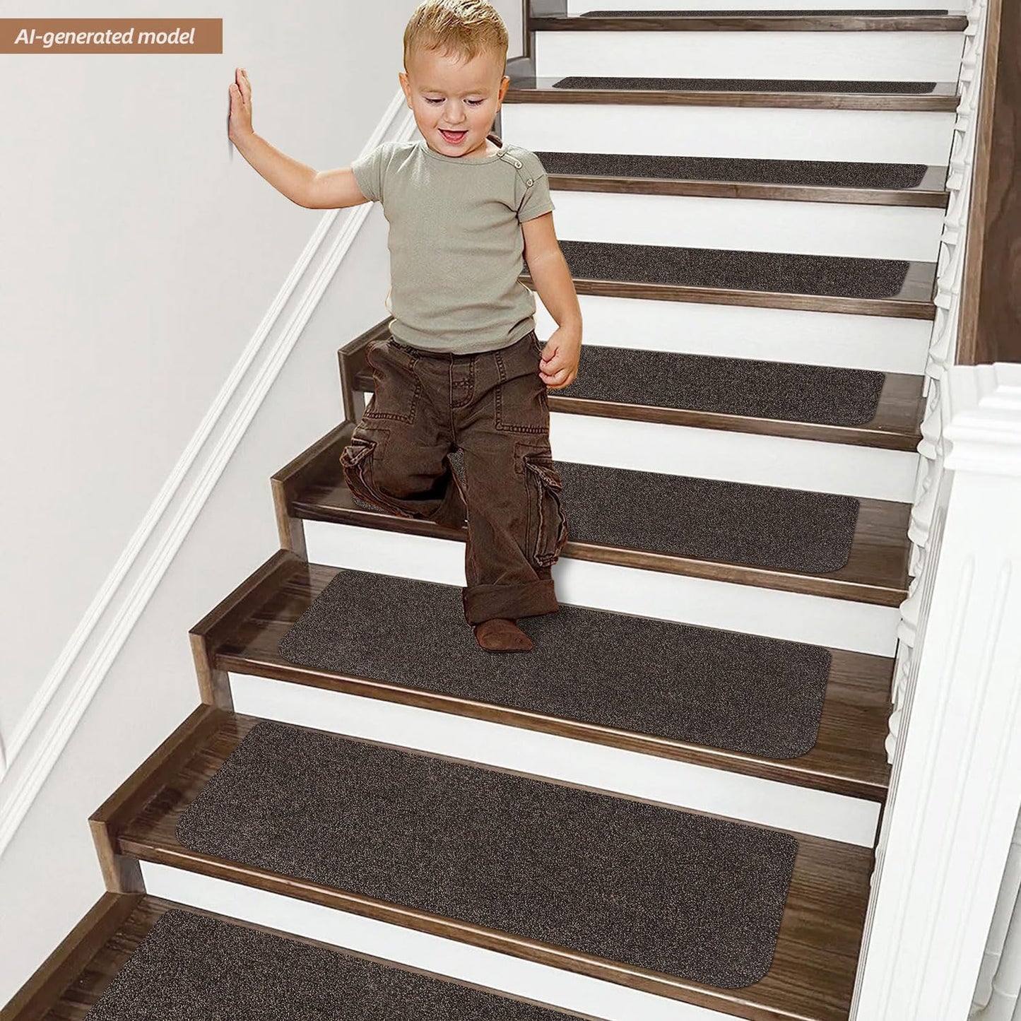 COSY HOMEER Stair Treads Non-Slip 15pcs Carpet Mat 28inX9in Indoor Stair Runners for Wooden Steps, Stair Rugs for Kids and Dogs, 100% Polyester TPE Backing Brown Protect Floor
