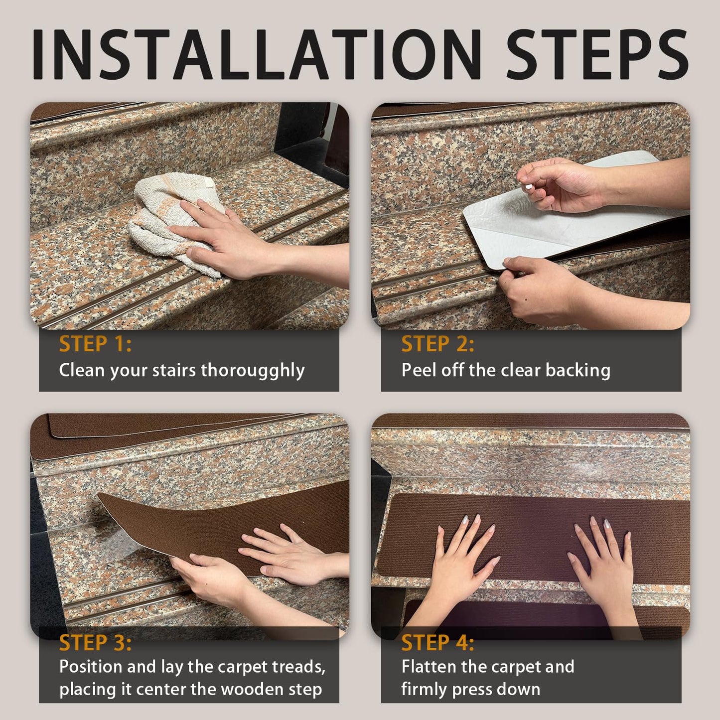 Tigsport Nonslip Stair Treads Wooden Steps, 15 PCS 30" x 8" Safety Rug Slip Resistant Runner with Reusable Adhesive, Carpet Landing Mat for Family Elders Pets Soft Stair Mats Indoor (Black)