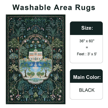 Vasofe 3x5 Bedroom Rug,Washable Rugs for Entryway, Living Room, Indoor Floor Mat, Modern Animal Peacock Floral Mats for Nursery, Farmhouse, Laundry Room, Non Slip Low Pile Soft Carpet, Black Green
