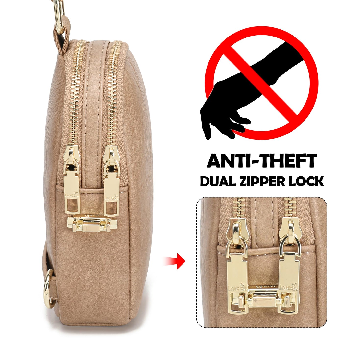 INICAT Anti Theft Crossbody Bag for Women, Small RFID Blocking Sling Purse with Zipper Lock for Travel, Vegan Leather(brown)