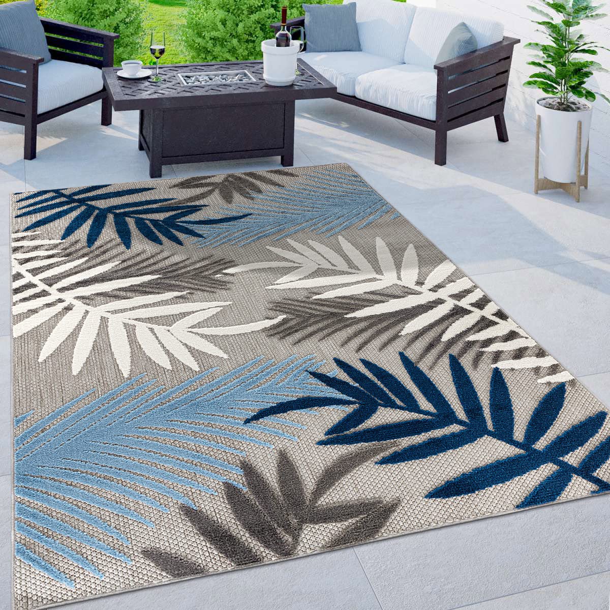 Rugshop Indoor/Outdoor Palm Leaf Area Rug, Non-Shedding Easy-Care Design for Backyard, Deck and Outdoor Lounge, Blue, 7'10" x 10'