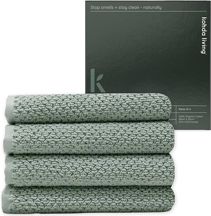 Luxury Silver-Infused Sage Green Washcloth Set of 4, 12.9"x12.9"