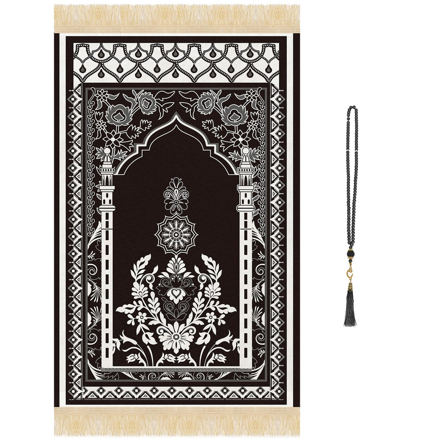 Silkovahamd Prayer Mat Ramadan Gifts - Portable Black Prayer Rug Islamic Muslim Tasbih Beads, Praying Carpet for Islamic Man Women Eid Salah Namaz Meditation Decorations for Home